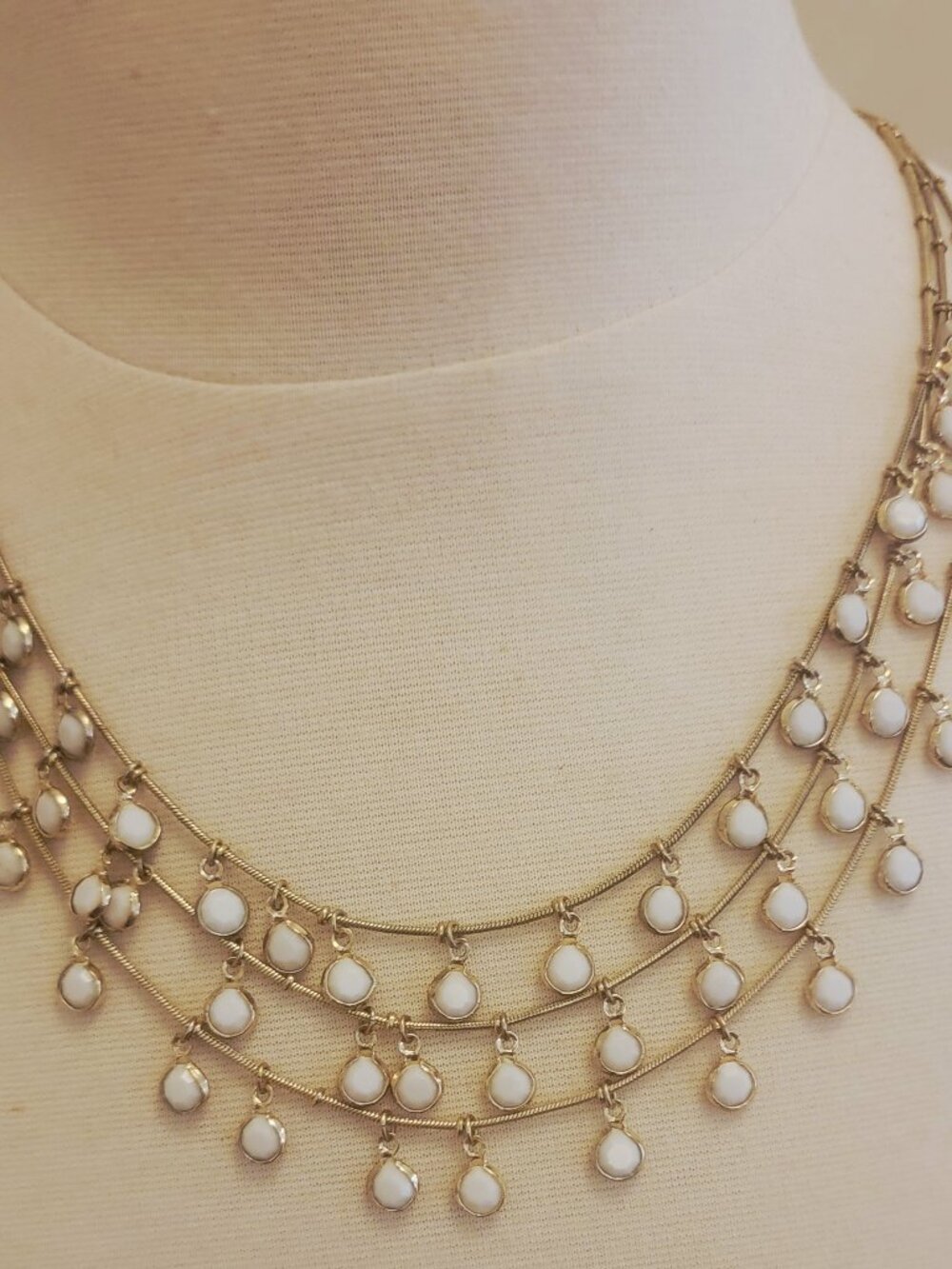 Anne Klein Gold-Tone Necklace Bib Multi-Strand White Cabochon Station Beaded